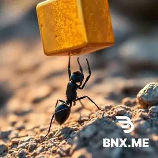 A hyper-detailed macro photograph of a black ant standing on rough textured ground, dramatically lifting a massive golden cube above its head. The cube shimmers with metallic brilliance, reflecting warm sunlight in shades of gold and orange, contrasting sharply against the ant’s glossy black body. The rocky ground is blurred into soft bokeh, emphasizing the heroic scale of the ant’s feat. The image radiates strength, determination, and surreal wonder, blending natural insect photography with a fantastical twist of treasure and power. Ultra-realistic textures, cinematic focus, with glowing highlights on the gold.