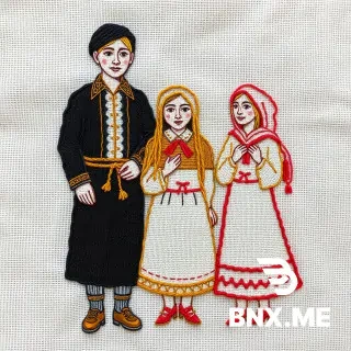 Handmade embroidery of Iranian ethnic groups with traditional clothing on raw cotton fabric, visible thread texture, loose handmade stitches, earthy colors, warm light, and simple composition, evokes rural art and affection.