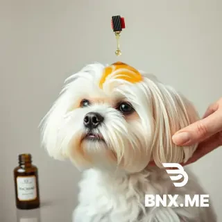 a maltese dog, looking ruffled, with a bottle pouring a few drops of macassar oil over its head, not showing anyhand or part thereof holding the botle and only one bottle