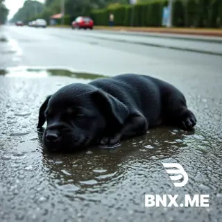 The rain keeps falling harder. The small black puppy lies down on the wet road, his body shaking softly. His eyes are half-closed, tired and sad. Around him, puddles ripple with every drop. No cars pass now — only silence and rain. He raises his head for a moment, looking toward the empty street, then slowly lowers it again, resting it on his paws. His fur drips with water, and his breathing is weak but gentle.