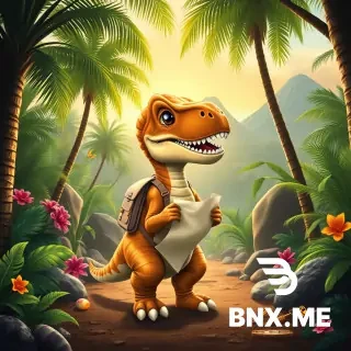 Rex, a cute baby Tyrannosaurus explorer, stands in front of the entrance to a magical prehistoric jungle. He wears a small explorer backpack and happily holds a rolled treasure map while looking excited to begin his adventure. Around him are giant palm trees, tropical flowers, ferns, smooth rocks, and distant volcanoes. The jungle entrance looks magical and welcoming. Hide one golden key, three dinosaur eggs, one compass, two butterflies, and one tiny dinosaur footprint naturally within the environment.
