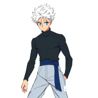 anime sketch illustration, 23-25 years old man with spiky white hair, blue eyes looking forward, wearing a black turtleneck and light blue pants with dark blue sash, dynamic pose, clean white background, cel-shaded with blue outline, character design, expressive lines