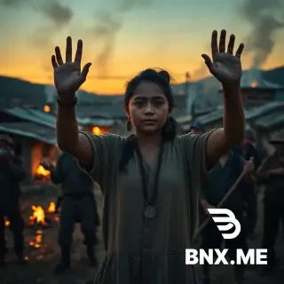 Escena dramática en un pueblo rural al atardecer. Casas de adobe y cultivos ardiendo al fondo. En primer plano, una joven valiente de rasgos indígenas, vestimenta humilde pero con expresión serena y firme, levanta ambas manos pidiendo paz. A su alrededor, dos grupos de campesinos enfrentados con palos y herramientas, algunos lloran, otros miran hacia ella. El humo llena el cielo. Un hombre mayor (Kido) y un joven herido (Daniel) están separados por ella. Iluminación de fuego y sol poniente. Estilo cinematográfico, 4K, realista.
