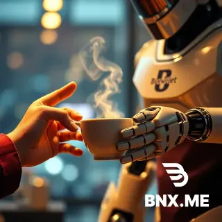 A cinematic, hyper-detailed poster of a futuristic robot barista handing a steaming ceramic cup of coffee to a human customer — extreme close-up on both sets of hands and fingers, showing mechanical articulation and soft, realistic human skin. The robot has a small logo on its chest that reads “BrewNet” in clean sans-serif, warm cinematic rim lighting, shallow depth of field, 8k detail, photorealistic, subtle film grain. Emphasize realistic fingers and correct anatomy, no extra or missing digits, no floating limbs. Include a faint cityscape bokeh in the background.