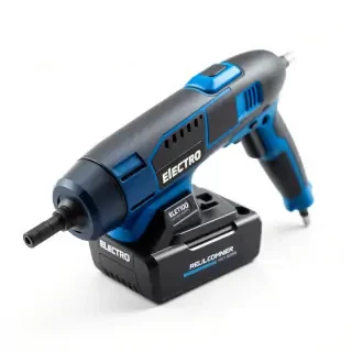 Professional product photography of a cordless electric screwdriver, blue and black color scheme, with a prominent sticker that reads "ELECTRO" on the body, studio lighting, isolated on a clean white background, high detail, sharp focus, commercial catalog style, 8K resolution, no shadows