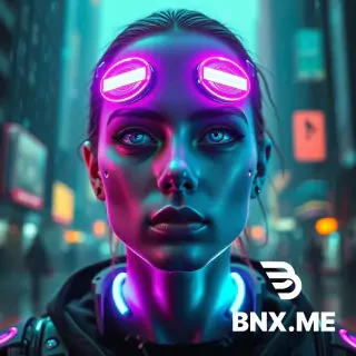 Cyberpunk portrait of a human with cybernetic implants, glowing LED eyes, neon purple and cyan reflections on the face, futuristic tech-wear outfit, rainy neon city in the background, holographic particles, cinematic lighting, ultra-detailed, 8k, dystopian atmosphere.