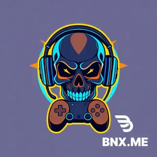 a cool esports logo for a streamer, stylized as a cyberpunk skull with gaming headphones and a controller, neon blue and orange colors, flat vector art, avatar design, transparent background