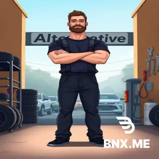 create a cartoon image in 2d based on the image and its drawing style (cartoon). hyperbolized body proportions. The head-to-body ratio is 1:2. The man stands tall in the foreground. Arms are crossed over his chest, legs shoulder-width apart. One leg is slightly forward (confidence). A man in a dark blue T-shirt (possibly with a logo), overalls. Behind it is the entrance to a service station with a stream of cars. The name "Alternative" is displayed on the gate/signboard. On the left or right is a rack with tires, an oil pump, and a pair of wrenches on the wall. Write to the chat if you need to change something else.