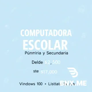 A clean, bright poster for Facebook Marketplace. Light blue gradient background with simple school doodles (pencil, ruler, backpack). Main large text centered: "COMPUTADORA ESCOLAR". Subtitle below: "Primaria y Secundaria". Small text at bottom: "Desde $2,500 • Windows 10 • Office • Lista para usar". Friendly, trustworthy style for parents. Vertical format 9:16. Text must be in Spanish exactly as written.