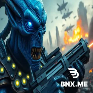 "A hyper-realistic, cinematic close-up of a menacing alien warlord with glowing blue eyes, textured blue skin covered in scars and bony ridges. His sharp fangs are bared in a snarl, and his face is covered in battle-worn metallic armor with intricate engravings, spikes, and glowing energy cores. The alien grips a massive, futuristic plasma rifle with glowing energy lines running along its surface. His massive shoulder armor is adorned with jagged spikes and battle damage. The background features a burning, war-torn battlefield with towering alien structures collapsing, fiery explosions, and human warships descending from the sky. Smoke and embers fill the air, creating an intense, chaotic atmosphere. The image is ultra-detailed, photorealistic, and cinematic with a dramatic lighting setup emphasizing the alien's textures and battle-worn look. The focus is sharp on the alien’s face and weapon, while the background is slightly blurred for depth, maintaining a 16:9 widescreen composition."