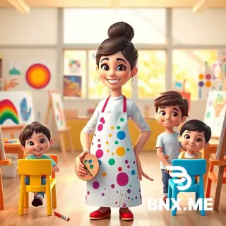 A lively Pixar-style 3D animated classroom portrait, the EXACT same woman from the reference photo with identical facial features, unchanged face, wearing a white shirt covered by a colorful paint-splattered art apron. Her hair is tied into a round "tomato" top-knot bun on top, with two small curly wispy strands falling from her temples down to just below her chin. She is standing confidently behind 6-7 young children (aged 6-7 years old) who are sitting neatly on small colorful chairs in two rows, all looking forward with big happy smiles and sparkling eyes. The woman holds a paintbrush in one hand and a wooden palette with colorful paint dabs in the other, posing warmly. The classroom background is filled with visible signs of creativity: easels with half-finished rainbow paintings, crayons and color pencils scattered on tables, colorful paper cutouts and handprint artworks pinned on the wall. Warm golden sunlight streams through large windows, illuminating everyone's joyful faces. Dynamic profile-picture composition, waist-up shot of the group, cute chibi-inspired expressions, soft pastel and vibrant color balance, highly detailed, 8k, --ar 1:1 --iw 2.0 --style raw --v 6.0