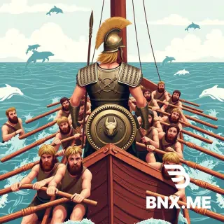 A flat seamless decorative pattern for a video game texture, inspired by Homer's Odyssey. Full scene: Odysseus in his iconic armor standing at the stern of a Greek trireme, commanding his crew — rowers pulling oars in synchronized motion on both sides of the ship, sweat and effort visible. Sea surrounds the vessel with stylized Greek waves, dolphins, and a distant Cyclops silhouette.  Odysseus details: Wearing a Corinthian helmet with a tall horsehair crest, a bronze muscle cuirass (chest plate) with the Gorgoneion (Medusa head) emblem on the chest, decorated greaves (shin guards), and a round hoplite shield (aspis) leaning against the mast. He holds a spear and looks back toward his men.  Crew details: Multiple bearded Greek warriors in simple tunics, seated in two rows, gripping long wooden oars, water splashing at the blade tips. Their faces show exhaustion and determination.  Artistic execution to hide digital origin: Rough hand-drawn sketch style, uneven brush strokes, slightly asymmetrical lines, visible pencil under-drawing, paint bleed and smudges, textured paper canvas overlay, imperfect color fillings, faded edges, vintage cracked paint effect, scratches and dust specks on the surface, non-uniform line thickness, dry brush texture, watercolor paper grain, scanned illustration look.  Style: Ancient Greek black-figure and red-figure pottery reimagined as a mixed media painting on aged parchment. Colors: weathered terracotta orange, matte charcoal black, faded bronze/gold, oxidized copper green, and diluted Aegean blue.  Technical constraints: Strictly 2D flat square image, no 3D perspective, no weapon model, no gun shape, no curved surfaces, no shadows, no gradients, no depth. Tileable horizontally and vertically. Resolution 2048x2048, flat UV map style.