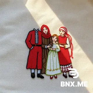 Handmade embroidery of Iranian ethnic groups with traditional clothing on raw cotton fabric, visible thread texture, loose handmade stitches, earthy colors, warm light, and simple composition, evokes rural art and affection.