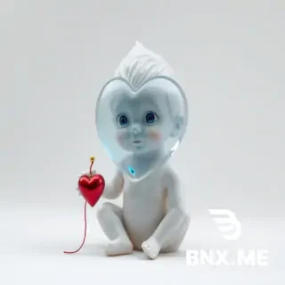Niño pequeño, fantasmagórico, blanco inmaculado sobre lienzo blanco limpio no se ve ninguna marca de lapicero. Sostiene un globo cristal trasparente muy grande con forma de corazón. Sus ojos son de un azul profundo cristal o marrón oscuro, vivos, que miran más allá del lienzo. Lleva un juguete roto, descosido, con un leve destello de color (rojo o amarillo). Su postura es encogida, como si esperara algo que nunca llega. Sutileza extrema, silencio magnético, ternura rota