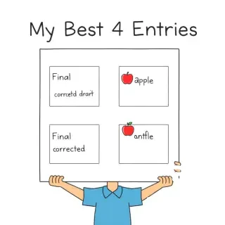A simple, colorful illustration of a blank A3 poster divided into 4 equal boxes arranged in a 2x2 grid. Inside each small box, write "Final corrected draft" as small handwritten-style text. Outside the boxes, at the top of the poster, write the title "My Best 4 Entries" in large friendly letters. Next to each box, add a small cute icon: a sun, a speech bubble, an apple, and a snowflake. Below the poster, a smiling student holds it up. Bright and cheerful classroom style. Flat illustration, clean lines, white background, no shadows. Suitable for middle school students.
