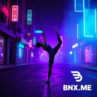 Cyberpunk style, neon lighting, dark futuristic city street at night, purple and cyan reflections on wet asphalt, volumetric fog, high contrast. A person holding a difficult sport/yoga pose, same pose as reference. Digital art, 4K.