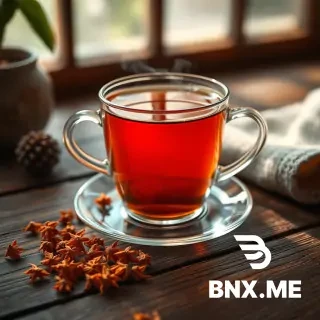 "A photorealistic close-up shot of a steaming glass cup of amber-colored herbal tea, with a few dried orange blossoms (bahar narang) scattered on a wooden table, soft natural light, warm and cozy atmosphere, ultra-detailed"