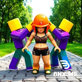 Three Roblox blocky avatars in a hilarious and awkward ragdoll sandwich pose on a paved stone pathway. A female avatar in the center wearing black shorts with leopard print and an orange helmet, looking passive. The male avatar on the left (yellow head, purple torso, green legs) is leaning forward and grabbing the female avatar's head with his blocky yellow hands. The male avatar on the right (yellow head, purple torso, blue legs) is reaching down and grabbing the female avatar's buttocks with his blocky yellow hands. The three characters are heavily clipping and intersecting through each other, broken game physics, glitchy limbs, glossy plastic material, vivid game colors, bright outdoor sunlight, paved cobblestone ground, green forest background, Unreal Engine 5 render, 3D meme art, funny video game screenshot, highly detailed. --ar 2:3