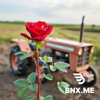 Make me a picture of a red rose used to introduce agricultural equipment and write its name: Hussein.