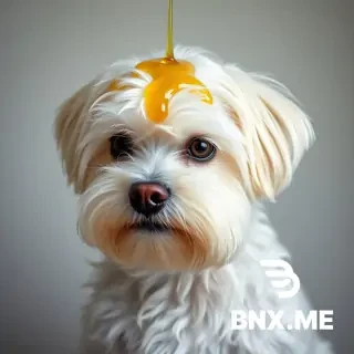 a maltese dog, looking ruffled, with a few drops of macassar oil poured over its head. nothing else