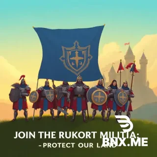 Epic fantasy recruitment poster for the guild "RUKORT". A group of brave heroes in shining armor stands together on a green hill, holding a large blue banner with a shield emblem. In the background, a majestic castle with towers. Pastel color palette: soft green and sky blue. Warm sunset lighting, friendly and inspiring atmosphere. No weapons visible, only shields and flags. Text at the bottom: "JOIN THE RUKORT MILITIA — PROTECT OUR LAND". Style: classic fantasy illustration, highly detailed, 4k, cinematic.