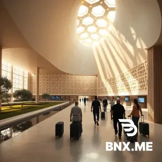 Hyper-realistic architectural interior rendering of the main check-in hall of an international airport terminal in Aleppo, Syria. Eye-level wide-angle view.  The roof is a flowing wave of white perforated concrete, allowing beams of dusty golden sunlight to enter through large octagonal star-shaped skylights, creating moving geometric shadow patterns on the polished stone floor.  The back wall is a modern reinterpretation of Aleppo stone latticework (Mashrabiya) with intricate Islamic star patterns, filtering external light. To the left, a sunken indoor garden with olive trees and a long reflective water channel runs parallel to the check-in counters.  The columns are clad in local basalt stone with narrow vertical grooves. Passengers in casual attire are walking through the space, with suitcases. The atmosphere is warm, cultural, yet futuristic and minimalist. Architectural photography, volumetric lighting, 8k, cinematic contrast, highly detailed textures.--ar 16:9