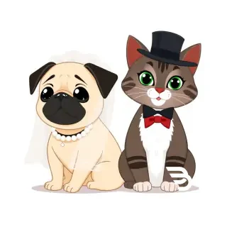 A square wedding invitation card, Disney animated style, isolated on a clean white background. A cute pug dog wearing a white bridal veil and pearl necklace, sitting next to a cute dark brown cat with gray stripes, green eyes, white whiskers, black ears and a black back of the head, and a white chest, the cat wearing a black top hat and a red bow tie. Both pets sit side by side, looking happily at the viewer. Simple composition, flat vector illustration, soft shadows, no background elements, plenty of empty white space around them for text overlay. 1:1 aspect ratio.