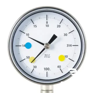 A realistic, high-resolution photo of an analog pressure gauge (0 to 100 bar, 270° dial) on a white calibration bench. The gauge face is clearly visible. Five colored circular markers or pointer stop positions are superimposed on the dial, precisely placed at:  Minimum = 0 bar (far left)  Mid-I = 25 bar (between Min and Mid-II)  Mid-II = 50 bar (exact center of scale)  Mid-III = 75 bar (between Mid-II and Max)  Maximum = 100 bar (far right) Each point is labeled with small text: “Min”, “Mid-I”, “Mid-II”, “Mid-III”, “Max”. Dashed radial lines from the center to each mark. Clean laboratory lighting, no shadows across the dial. Focus on clarity of intervals. White background. Technical illustration style but photorealistic.