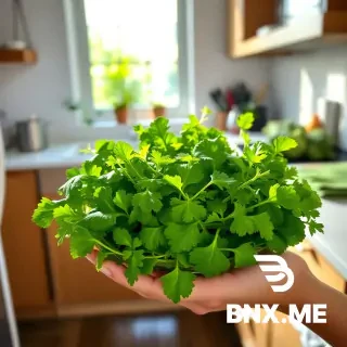 A person preparing or holding a fresh green salad in a modern kitchen, filled with spinach, arugula, and parsley, with bright, natural light streaming in through a window.