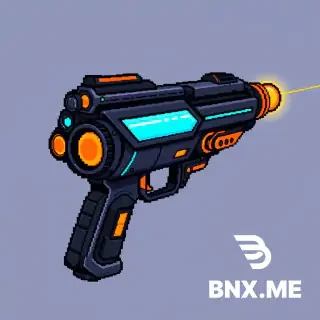 a 32x32 pixels sci-fi laser gun, mainly black and blue, orange parts