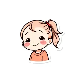 Buatkan aku stiker cute little girl with ponytail smiling, cartoon sticker design, white background, bold outline, kawaii style