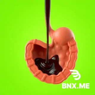 A highly detailed, 3D rendered medical visualization of the stomach against a bright green background. A stream of coffee pours down the esophagus into the stomach cavity. The stomach walls show realistic folds, textures, and motion, with dark liquid swirling inside.