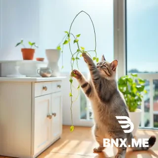 At 8 a.m., the sunlight streamed into the balcony of the house. There was a tall white cabinet on the balcony, with a spider plant placed on top. The spider plant had grown very long, reaching 40 centimeters from the ground. A 13-pound silver tabby male cat was playing with the spider plant. He stood up and used his paws to play with the plant, and at the same time tried to bite it with his teeth. He was very lively and cute. Please generate a scene in the style of a documentary photo.