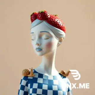 3D porcelain bust with glossy red strawberry crown, geometric blue dress patterned in chessboard and dots, a small snail made of sugar glass on her shoulder, warm daylight studio lighting.