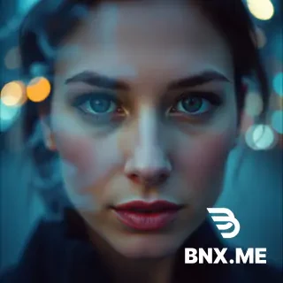 hyperrealistic double exposure portrait, woman looking directly into camera, eyes remain sharp and in focus, face blended with soft bokeh city lights and subtle drifting smoke particles, cold blue and cyan tones, balanced exposure with soft ambient light on face, moderate contrast, cinematic lighting, 35mm film, moody atmosphere, --ar 1:1 --v 6