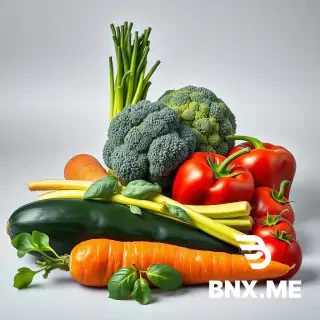 A hyper-realistic 4K studio photograph of an arrangement of fresh vegetables on a seamless light gray background. Center back: a tall, vibrant green broccolini with long stems. Left back: a large, textured head of broccoli. Right middle: a glossy red bell pepper. Right foreground: two bright red tomatoes with green stems. Center foreground: a whole orange carrot lying horizontally. Left foreground: a dark green zucchini lying horizontally with fresh basil leaves attached to its stem. Soft, diffused studio lighting, crisp focus, highly detailed textures, vibrant colors, commercial food photography, 8k resolution, photorealistic. --ar 1:1