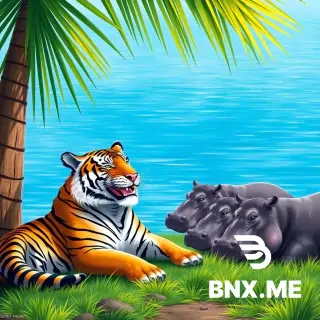 Smiling tiger lies under the palm near a blue lake. The tiger looks at two hippos eat grass