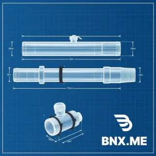 A highly detailed technical blueprint-style engineering drawing of a homemade water blaster toy. White crisp lines on a dark blue grid background with precise measurements. The drawing features both a side view and an isometric 3D view showing all dimensions and measurements clearly marked.  The main structure consists of two galvanized steel pipes: a primary pressure chamber pipe measuring exactly 25cm in length with a 27mm outer diameter and 2mm wall thickness, and a secondary support pipe measuring 17.3cm in length with the same 27mm diameter and 3mm wall thickness. These two pipes are positioned parallel to each other with the smaller pipe zip-tied underneath the main pipe using black plastic zip-ties (tiewraps) spaced evenly along the length. The smaller pipe serves as a shoulder stock for stable two-handed aiming.  At the front end of the main pipe, a brass ball valve (kogelkraan) with a 1/2 inch (15mm) thread is attached as the water release mechanism. The ball valve has a lever handle clearly shown in the open position. Attached to the outlet of the ball valve is a plastic bottle cap nozzle with a precisely drilled 2.6mm hole in its center, shown in cross-section to reveal the clean hole geometry. This nozzle creates a thick, soaking water stream when fired.  A clear flexible aquarium hose with 6mm inner diameter runs from the rear end of the main pipe, passing through a sealed wooden dowel plug, and extends downward to connect to a standard 2-liter cola bottle. The cola bottle serves as the water reservoir and is shown in detail with its screw cap modified to accept the hose. The hose reaches all the way to the bottom of the cola bottle to draw water effectively. A binder clip is shown clamped onto the hose midway between the cola bottle and the main pipe, functioning as a shut-off valve. This clip is shown in both the open and closed positions.  A Schrader valve (bicycle tire valve) is visible on the rear end of the main pipe, protruding through the same wooden dowel plug. The Schrader valve is shown with its threaded exterior and internal spring-loaded pin. A bicycle pump is shown attached to the Schrader valve in a separate callout detail. The wooden dowel plugs at both ends of the main pipe are shown in cross-section with detailed callouts showing the two holes drilled through the rear plug (one 6mm for the hose, one 8mm for the Schrader valve) and one 6mm hole through the front plug for the nozzle hose.  Two M4 safety bolts are shown locking both wooden plugs in place, drilled through the metal pipe wall 1cm from each end. These bolts physically block the plugs from ejecting under high pressure. The bolts and nuts are shown with dimensions.  All parts are clearly labeled with professional callout lines and text in a clean sans-serif font. Dimensions are shown in both millimeters and centimeters: 25cm main pipe, 17.3cm stock pipe, 27mm outer diameter, 2.6mm nozzle hole, 6mm hose diameter. Each component has a numbered label corresponding to a parts list in the corner of the blueprint.  Additional detailed callout boxes show: - A cross-section of the rear plug showing the hose and Schrader valve positions - A cross-section of the front plug showing the nozzle hose - A detailed view of the ball valve mechanism - A detailed view of the binder clip clamp system - A detailed view of the cola bottle cap modification  The blueprint includes measurement arrows, dimension lines, angle indicators, and material callouts (galvanized steel, brass, plastic, rubber, wood). Assembly notes and torque specifications are shown in small text. The drawing has a professional engineering aesthetic with precise mechanical drafting style, grid lines at 1cm intervals, and a title block in the bottom right corner reading "HOMEMADE WATER BLASTER - TECHNICAL BLUEPRINT - SIDE VIEW WITH DIMENSIONS" with a date and scale notation.  Architectural blueprint style, white lines on dark blue background, highly detailed mechanical drawing, professional engineering diagram, crisp technical illustration, exact measurements and tolerances, photorealistic blueprint rendering, sharp focus, studio quality, publication ready.