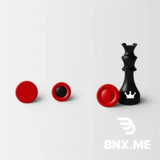 Four minimalist checkers game pieces. All four will have an outer rendered circle and a smaller centered inner circle, both in the same color as the piece's background but darker. Two pieces will be red and two will be black. One red piece and one black piece will feature a crown symbol representing the kings.
