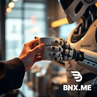 A cinematic, hyper-detailed poster of a futuristic robot barista handing a steaming ceramic cup of coffee to a human customer - extreme close-up on both sets of hands and fingers, showing mechanical articulation and soft, realistic human skin. The robot has a small logo on its chest that reads «BrewNet» in clean sans-serif, warm cinematic rim lighting, shallow depth of field, 8k detail, photorealistic, subtle film grain. Emphasize realistic fingers and correct anatomy, no extra or missing digits, no floating limbs. Include a faint cityscape bokeh in the background.