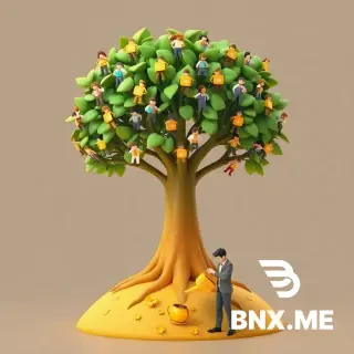 A heartwarming 3D illustration of a large, flourishing tree growing out of a globe. The leaves of the tree are actually diverse, miniature human figures holding hands, each with a small glowing "job" badge. Beneath the tree, a business owner is watering the roots with a golden watering can. Sunny, bright, optimistic colors, stylized realism, positive corporate vibe. --ar 1:1