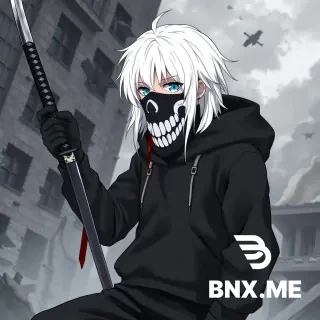 A highly detailed anime-style illustration of a boy with white hair, wearing a black hoodie (hood down, not on his head), black pants, black sneakers, and black gloves. He has a black cloth mask with white skeleton teeth painted on it. In his right hand, he holds a samurai sword dripping with blood. The background shows an exploded building. Extremely high detail, anime art style.