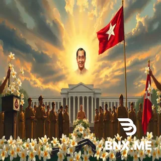 "A solemn and respectful painting commemorating Myanmar's Martyr's Day (19 July). The scene depicts the historic moment of the assassination of General Aung San and his cabinet colleagues in 1947. The composition focuses on a symbolic representation: a portrait of Bogyoke Aung San in the center, surrounded by rays of golden light, with the Burmese flag and a group of grieving yet determined citizens in traditional attire. In the background, the secretariat building (Minister's Office) is shown under a dramatic sky – partly dark clouds for tragedy, partly sunrise for hope and sacrifice. Include elements like white flowers (especially orchids and jasmine), a broken chain symbolizing freedom, and the year '1947' subtly integrated. Style: oil painting, realistic with a touch of heroic idealism, warm earth tones mixed with somber shadows. No violence or blood, only dignified mourning and patriotic resolve. The mood should evoke gratitude, national pride, and a promise to uphold their legacy."
