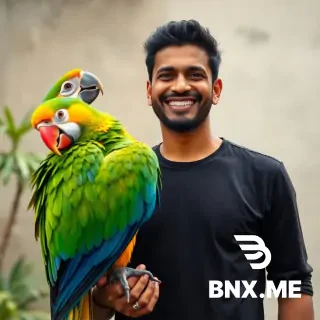 31 year old bangladeshi handsome male with a height of 6 feet 7.5 inches, holdina a giant parrot bird in his right hand and smilling loudly. That man is smaller than the parrot size