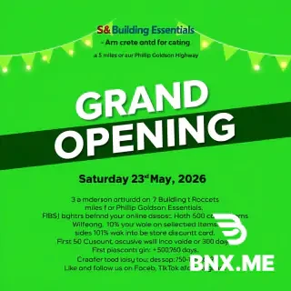 Create a prompt for an AI to create a “Grand Opening Flyer” for S&J Building Essential located at 5 miles on the Phillip Goldson Highway in Belize City.  Date: Saturday, 23rd May, 2026 Discount: 10% discount Store Wide on Selected items  First 50 Customers to walk into the store will receive a discount card valid for 30 days.  Contact: +501-616-6689 What’s app: +501-616-6689 Like and follow us on Facebook, TikTok and Instagram