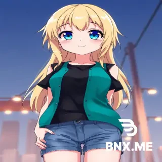 image of a smiling solo and standing anime girl (20 years old) with her blonde hair and blue eyes, she wears a black t-shirt with a sleeveless teal open vest, then she wears a blue denim shorts, pov, low-angle view,,