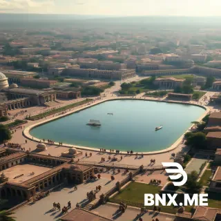 Cinematic photorealistic historical reconstruction of the future location of the Colosseum in Rome before its construction, approximately 1st century AD. A large urban valley in ancient Rome with the massive artificial lake of Emperor Nero in the center, surrounded by monumental Roman architecture and gardens. The future location of the Colosseum is occupied by a huge reflective lake. Ancient Romans in historically accurate clothing walking along the edges, boats on the water, distant Roman buildings, warm Mediterranean sunlight. Wide cinematic aerial perspective, epic scale, realistic ancient Rome, vertical 9:16.