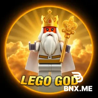 A circular icon for a YouTube channel, square format 1:1. In the center, a powerful Lego god figure with a golden crown, a long white beard, and a glowing magical staff made of Lego bricks. The god is wearing white and gold robes. Behind him is a bright sky with golden clouds and divine rays of light. The text "LEGO GOD" is written in large bold golden letters at the bottom of the image. The text is clear and readable, placed on a dark golden glowing background for contrast. Epic, majestic, and clean composition. Lego stop-motion style. Bright golden and blue colors, 4k quality.