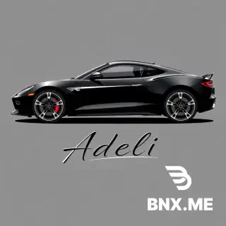 Create a premium automotive logo for a car dealership named "ADELI".  Design a stylish 3/4 angle view of a modern sports car, with sharp curves and an aggressive luxury look.  The car should be the main element of the logo, clearly representing the automotive business.  Below the car, add an elegant signature-style typography that spells "ADELI", slightly italic, giving a sense of speed and class.  Style: luxurious, modern, high-end dealership branding, clean vector lines, bold presence.  Use a strong contrast color palette such as black, metallic silver, and subtle red accents.  Make the logo symmetrical, polished, and eye-catching from far away.  No background, vector-style, ultra high quality.