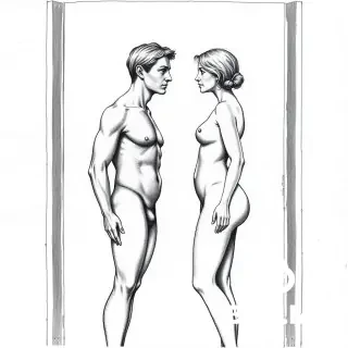 Dibujo en blanco y negro, estilo grabado renacentista con claroscuro.  Un marco de puerta visto de frente, estrecho. Dos personas desnudas están una frente a la otra, muy cerca, casi rozándose. Casi no hay espacio entre ellas.  La persona de la izquierda es un hombre con cuerpo perfecto, proporcionado, anatomía idealizada al estilo del Renacimiento alemán. Tiene el cabello largo. Mira directamente al frente, hacia la persona que mira el dibujo.  La persona de la derecha es una mujer con cuerpo también idealizado, cabello suelto. También mira directamente al frente.  No hay paisaje detrás. El fondo es oscuro, neutro. No hay árboles, ni animales, ni objetos.  El dibujo debe transmitir tensión, incomodidad, vulnerabilidad. La gente está quieta pero su presencia es incómoda.  Estilo: grabado antiguo, líneas precisas, sombreado suave, atmósfera seria.